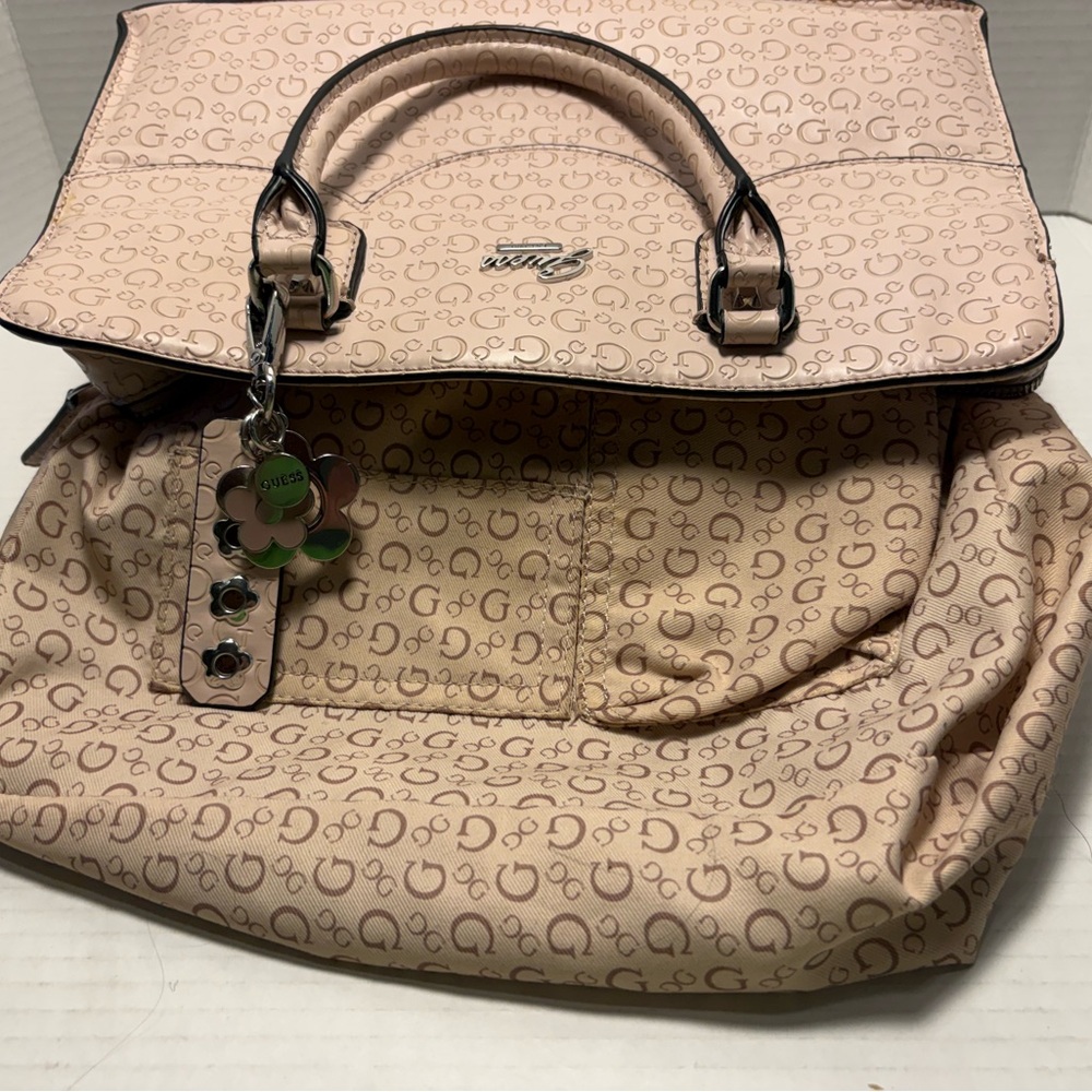 Guess Beige Logo-Embossed Satchel with Charm - Picture 8 of 9